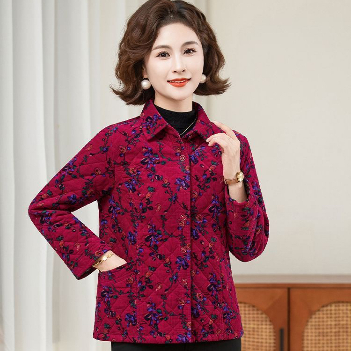 妈妈夹棉碎花衬衫全棉外套中老年女秋装棉衣中年人女棉服短款纯棉