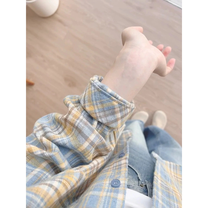 黄蓝格子长袖衬衫男秋季美式复古慵懒风格纹衬衣宽松情侣防晒外套