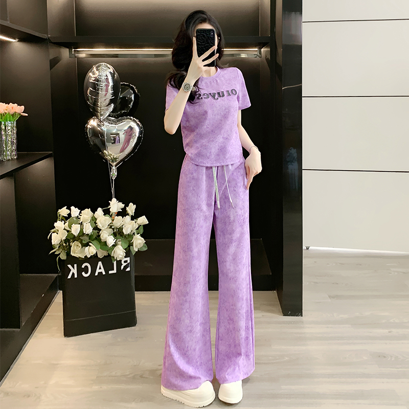 韩版休闲时尚套装女2026年新款夏装宽松显瘦短袖长裤阔腿裤两件套