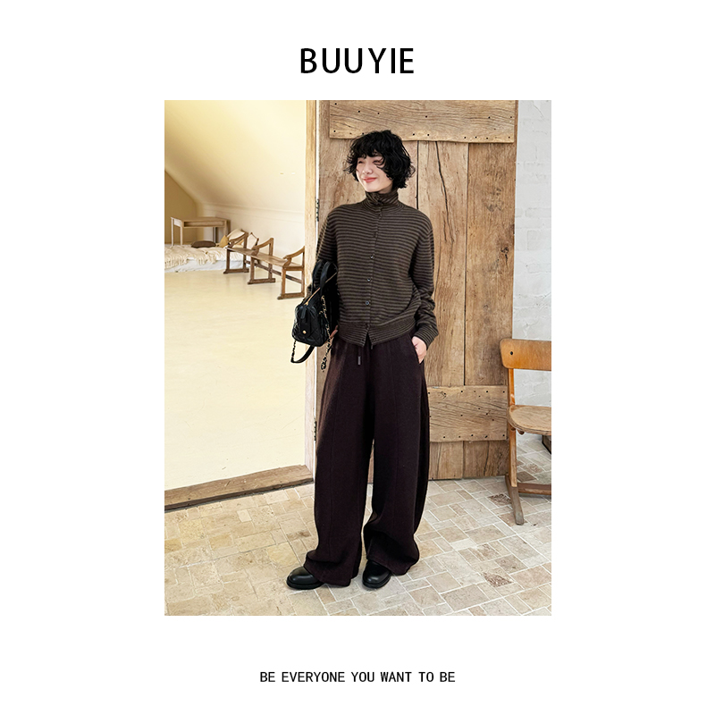 BUUYIE【萱榈】绵羊毛毛衣条纹显瘦高级感百搭秋冬季女新款251295