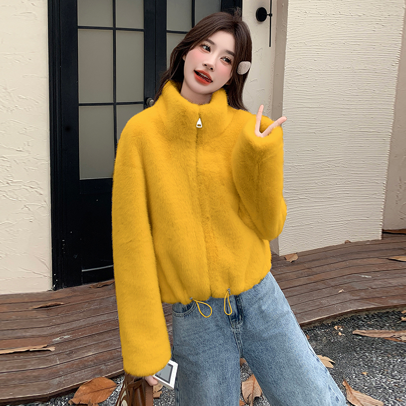 高级感韩系立领皮毛一体外套女2025冬季新款宽松加厚保暖开衫上衣