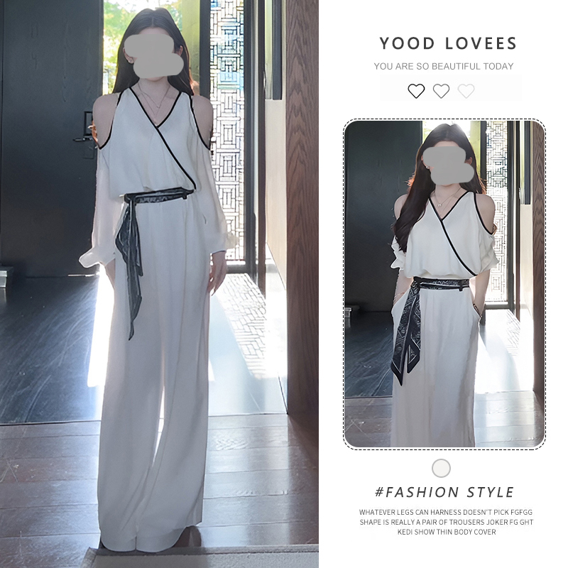 2025超火穿搭一整套女夏老钱风百搭露肩长袖上衣阔腿拖地裤两件套