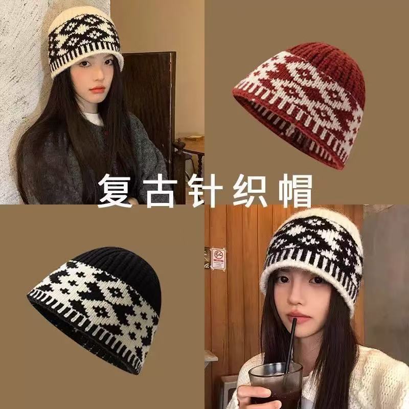 复古拼色菱形格子针织毛线帽女2025年秋冬显脸小包头冷帽保暖
