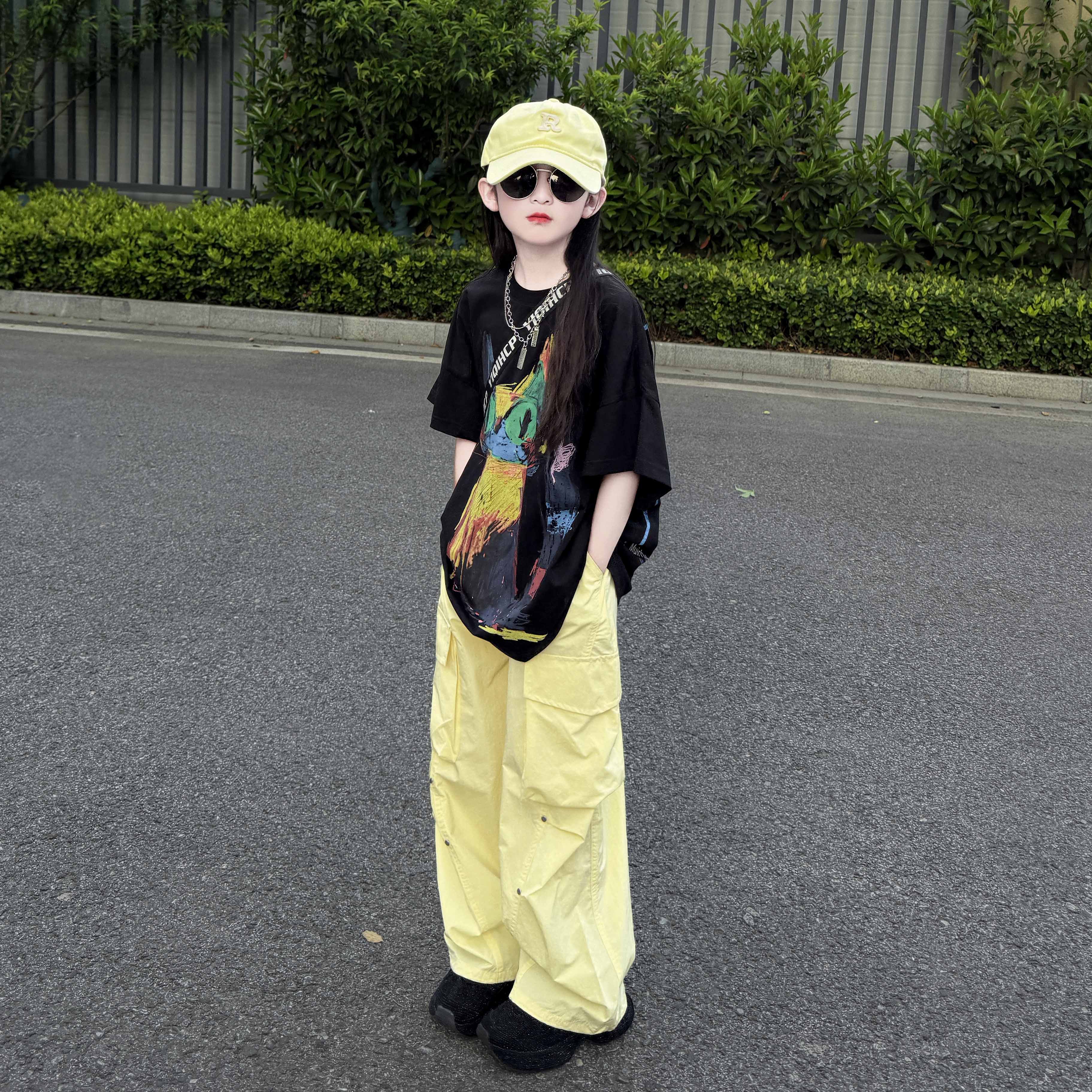 女童工装裤套装2025新款中大童潮酷休闲短袖运动女孩洋气衣服夏季