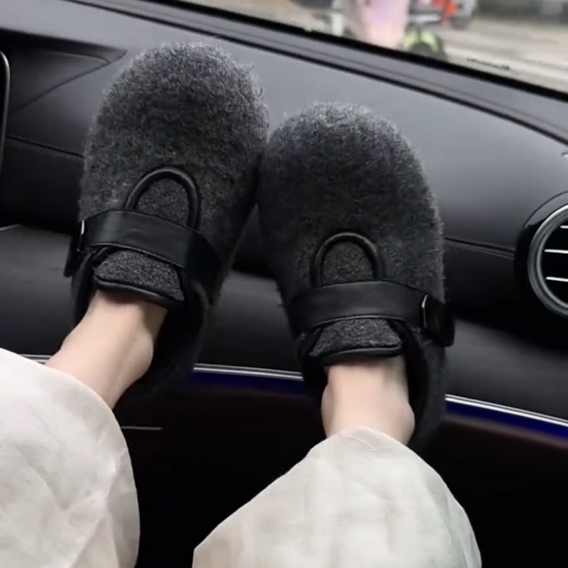 内增高5cm韩版复古百搭毛毛鞋女2025秋冬新款魔术贴加绒玛丽珍鞋