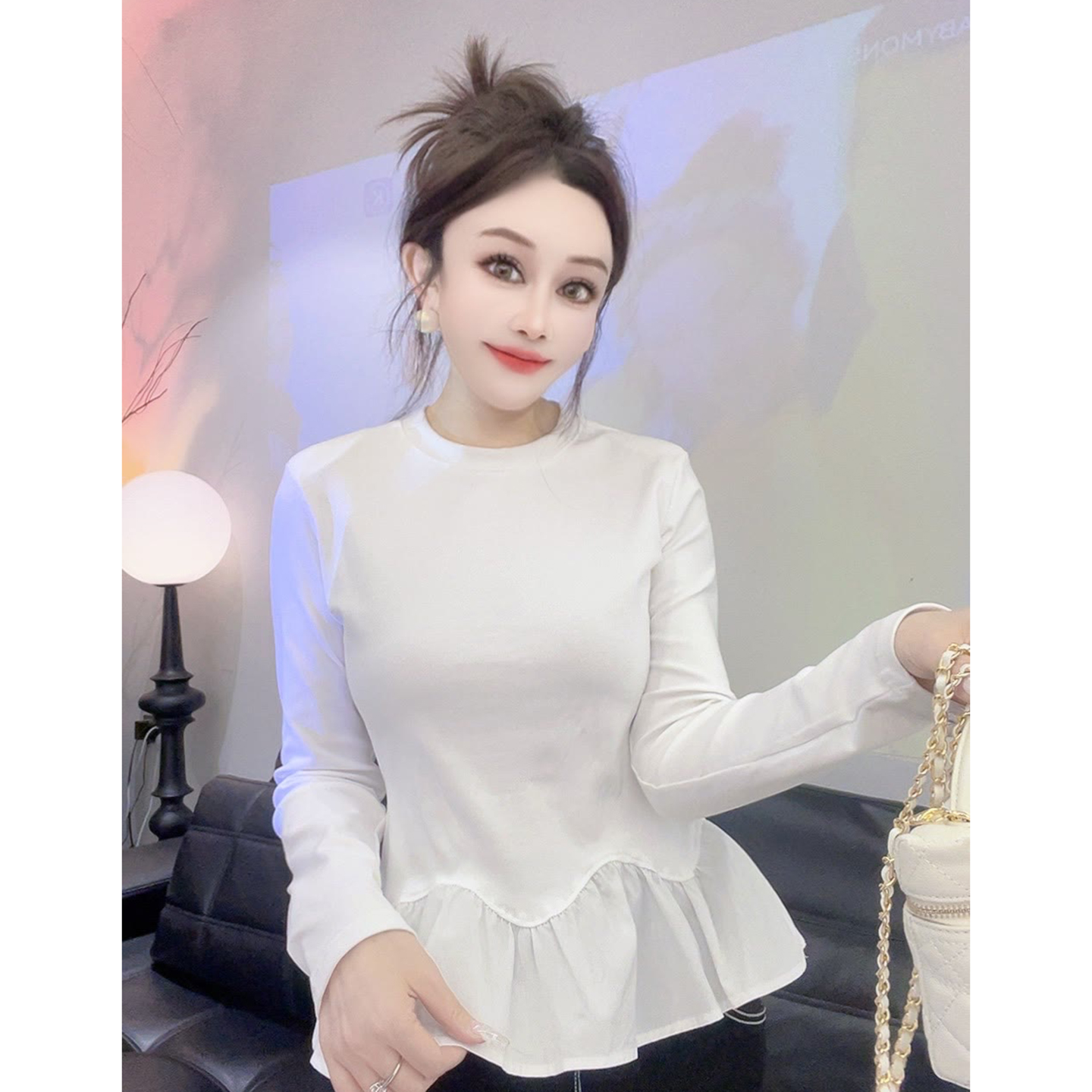 韩国洋气荷叶边白色打底衫女冬季新款小众设计修身长袖T恤上衣