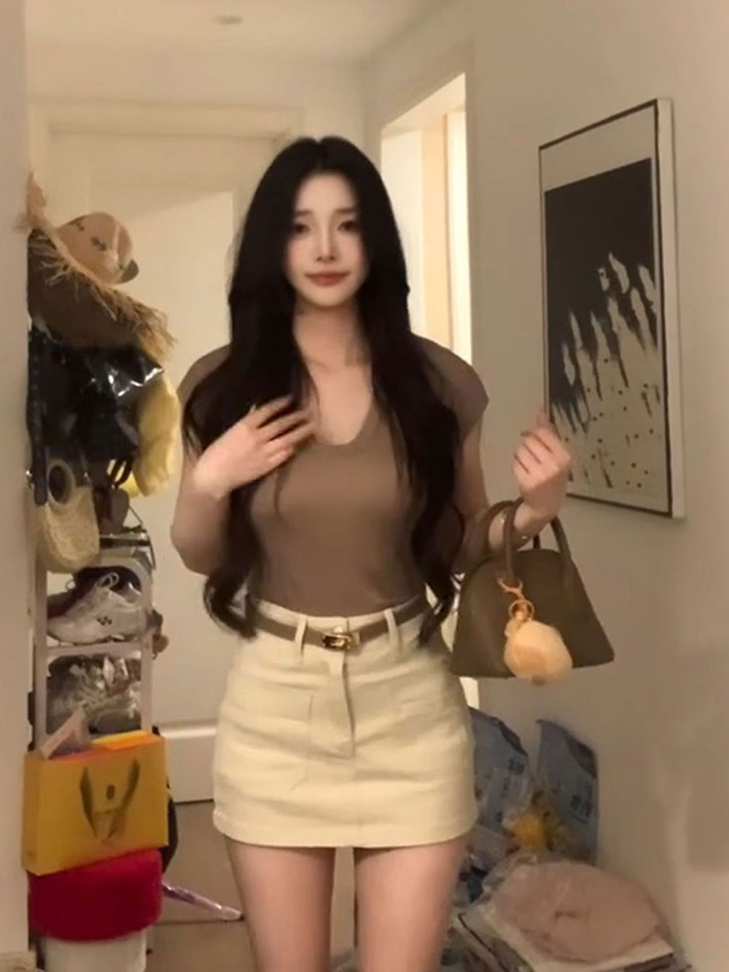 C3873微胖韩系简约高级U领灰色套装女修身显瘦短袖上衣A字包臀裙