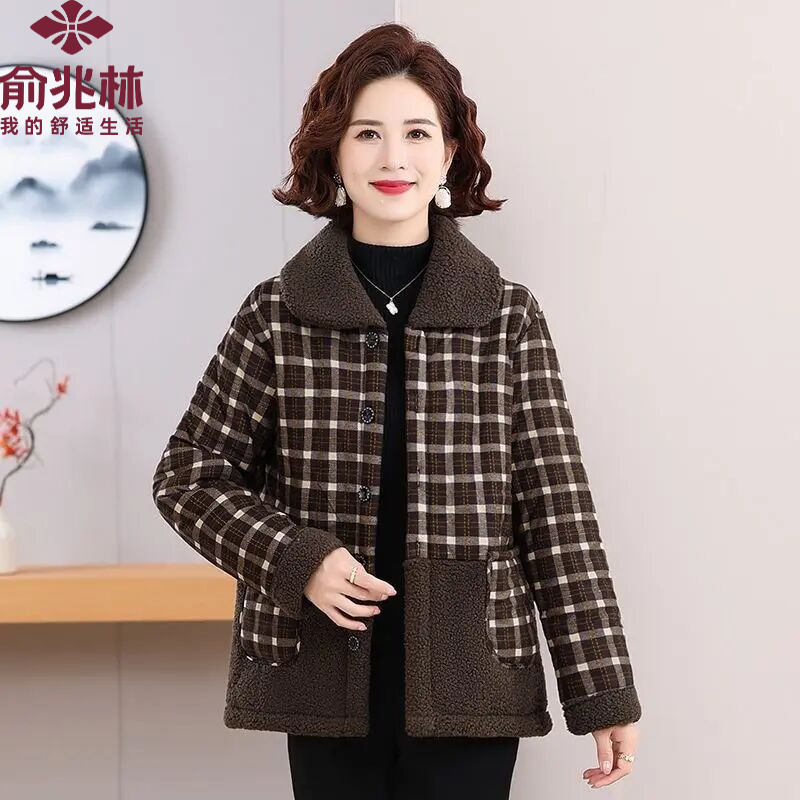 俞兆林冬装外套中老年人加绒格子加厚女装时尚棉服棉衣时尚小装棉
