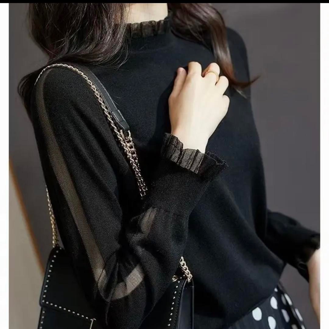 【以•恩】品牌工厂针织时尚木耳边纯色打底长袖女士百搭洋气气质