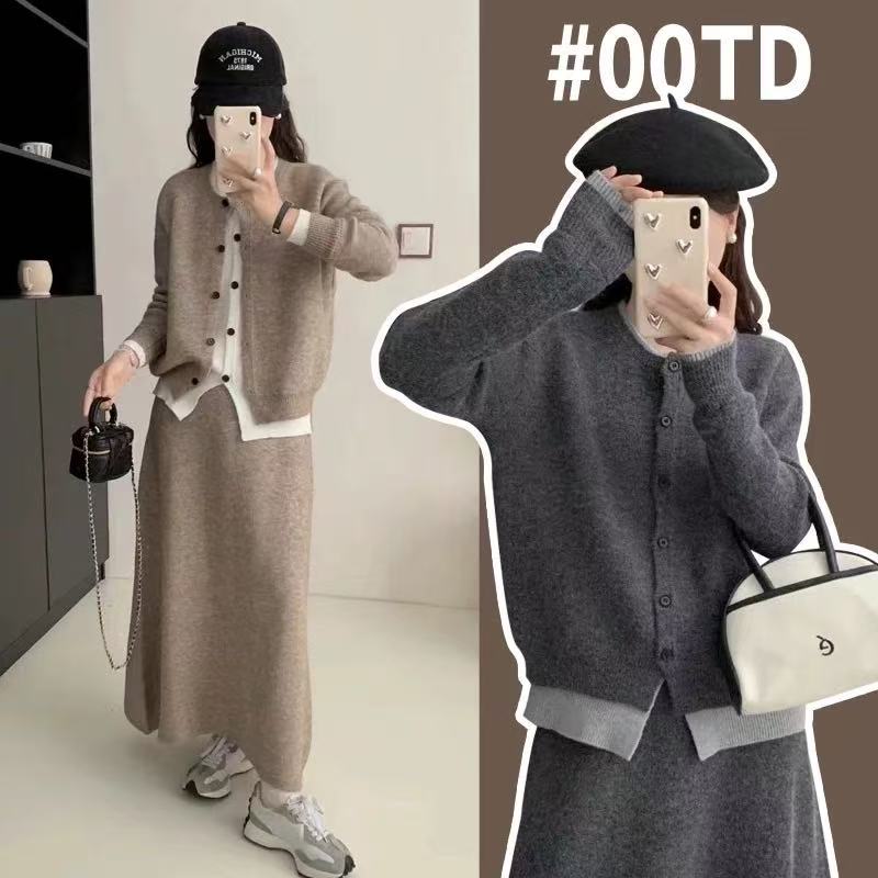 韩系高级感搭配一整套入秋穿搭小个子针织套装拼接减龄半身裙0045