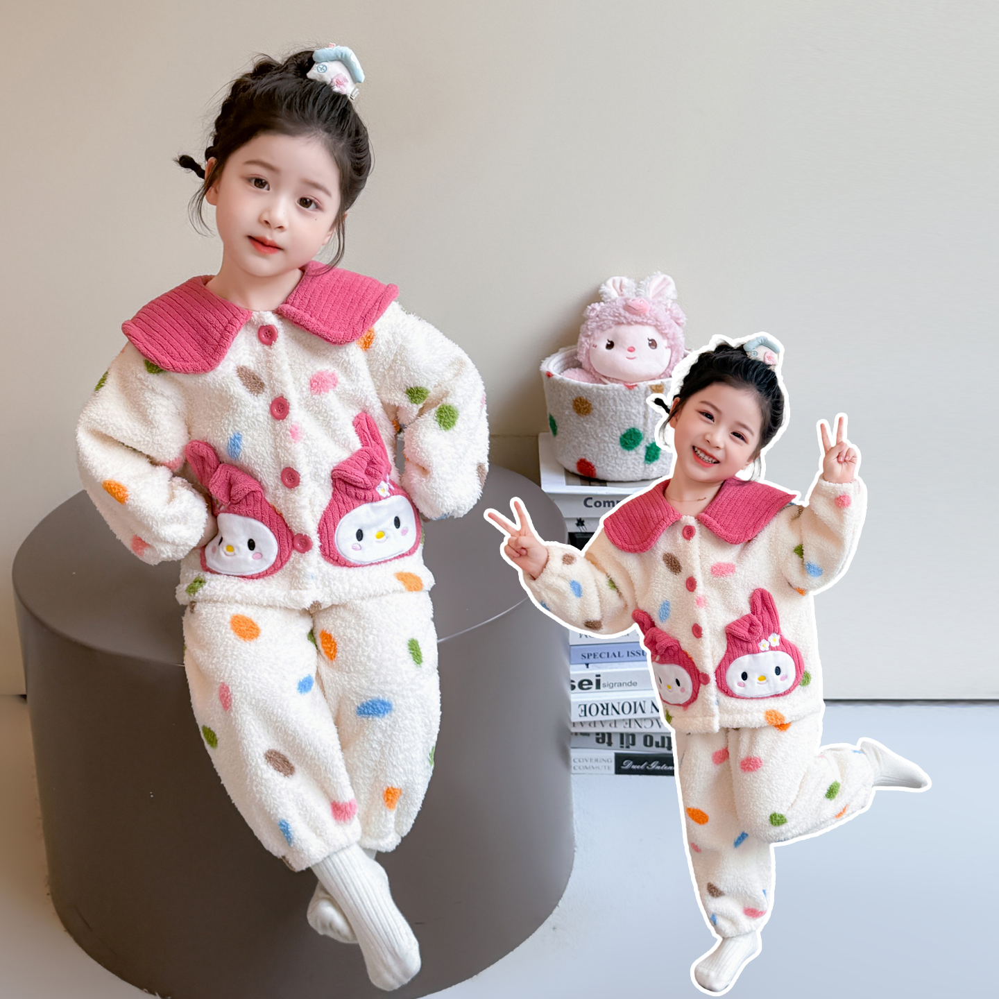 女童珊瑚绒睡衣秋冬季2025新款儿童可爱法兰绒家居服宝宝卡通套装