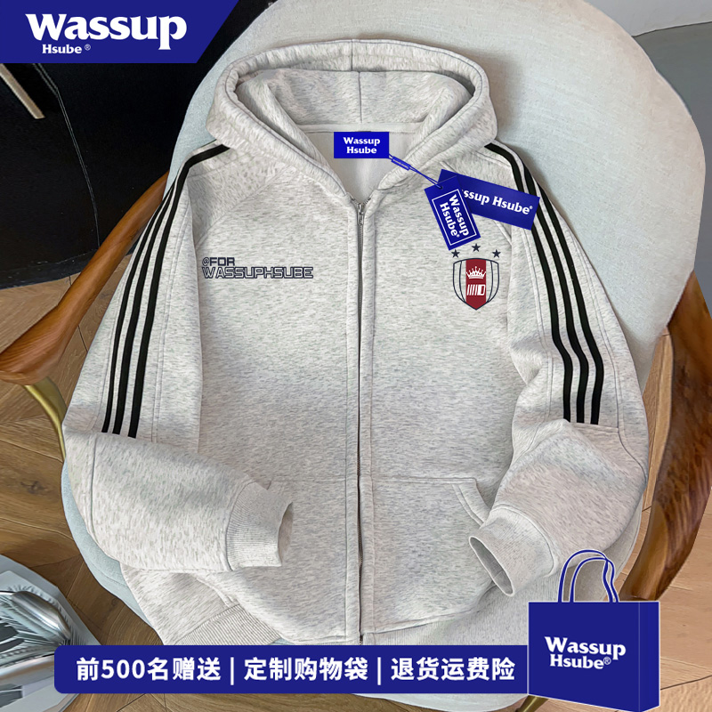 WASSUP HSUBE盾牌字母印花连帽开衫卫衣男女秋冬季休闲三条杠外套
