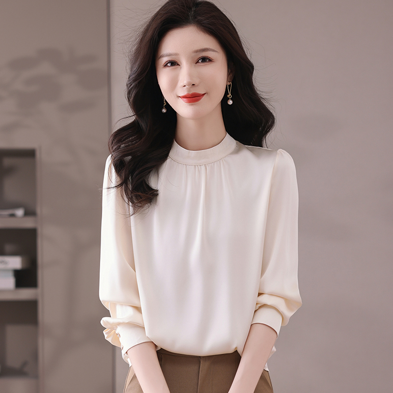 杭州真丝衬衫女士长袖立领春秋桑蚕丝衬衣宽松套头设计感气质百搭