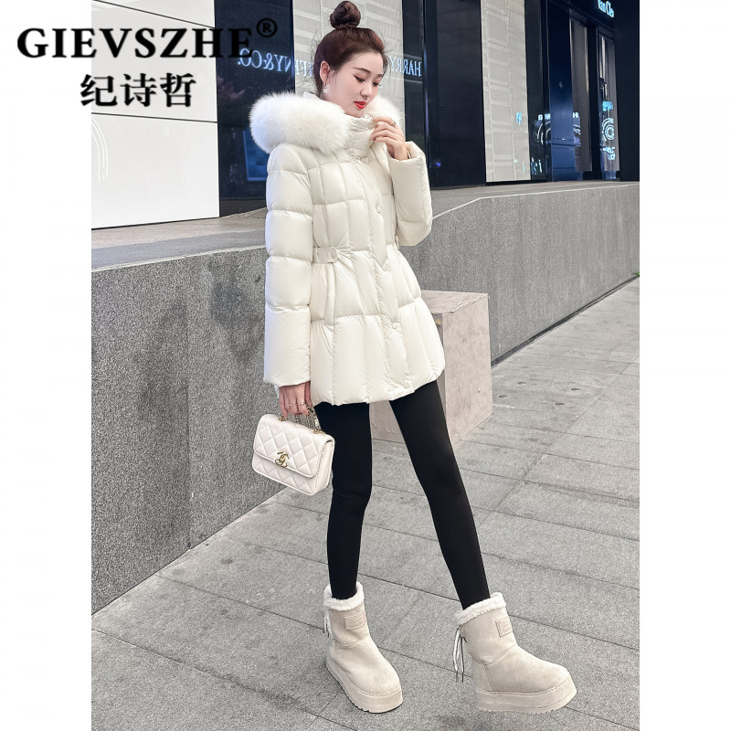 纪诗哲毛领羽绒服女款90鹅绒2025冬季新款连帽收腰显瘦高级外套女