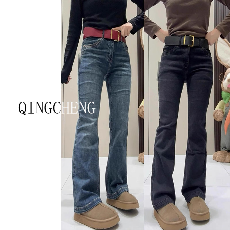 爆款高腰弹力微喇牛仔裤女2025年秋季加绒大码胖mm修身显瘦喇叭裤