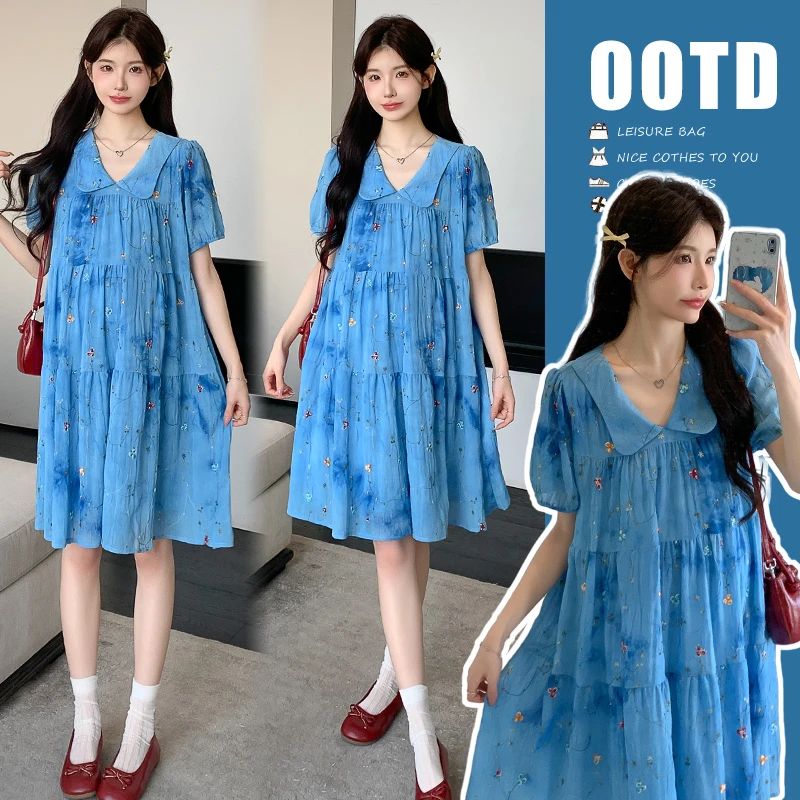 孕妇装夏天外穿设计感温柔风连衣裙滤镜扎染渐变藤蔓花刺绣孕妇裙