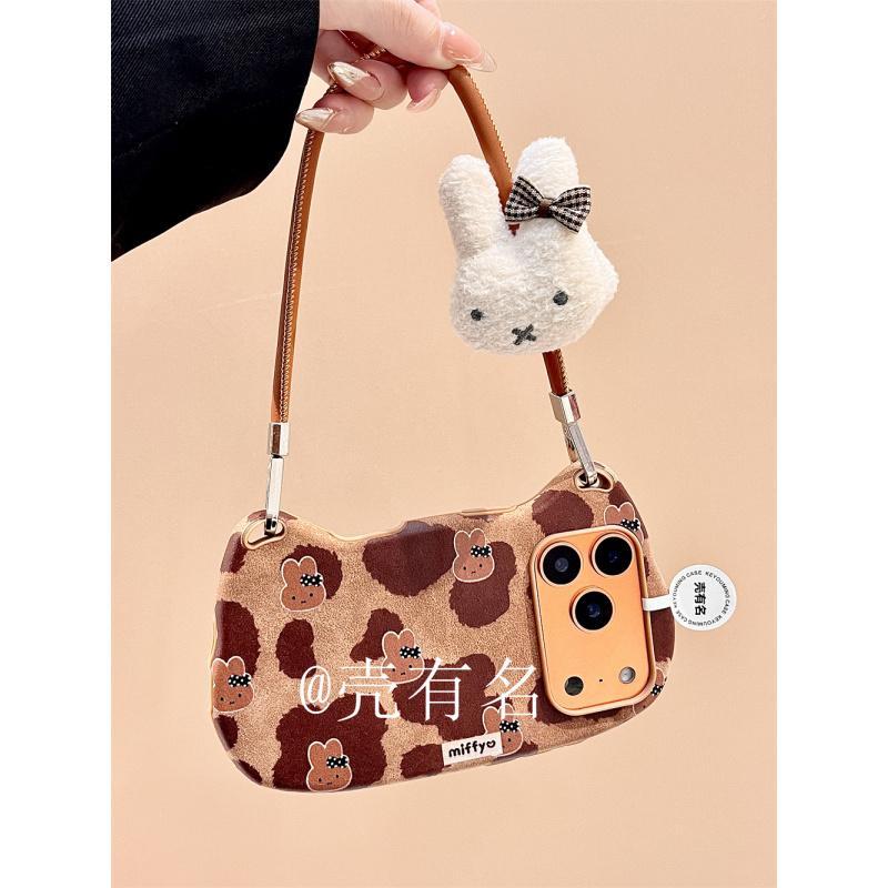 猫耳朵皮革黑皮米菲兔头像手拎绳适用苹果17手机壳iPhone16/15/14