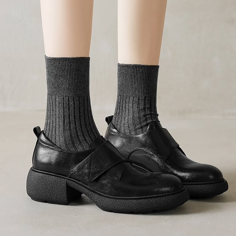 羊皮版！厚底乐福鞋女复古圆头通勤深口单鞋魔术贴百搭粗跟小皮鞋