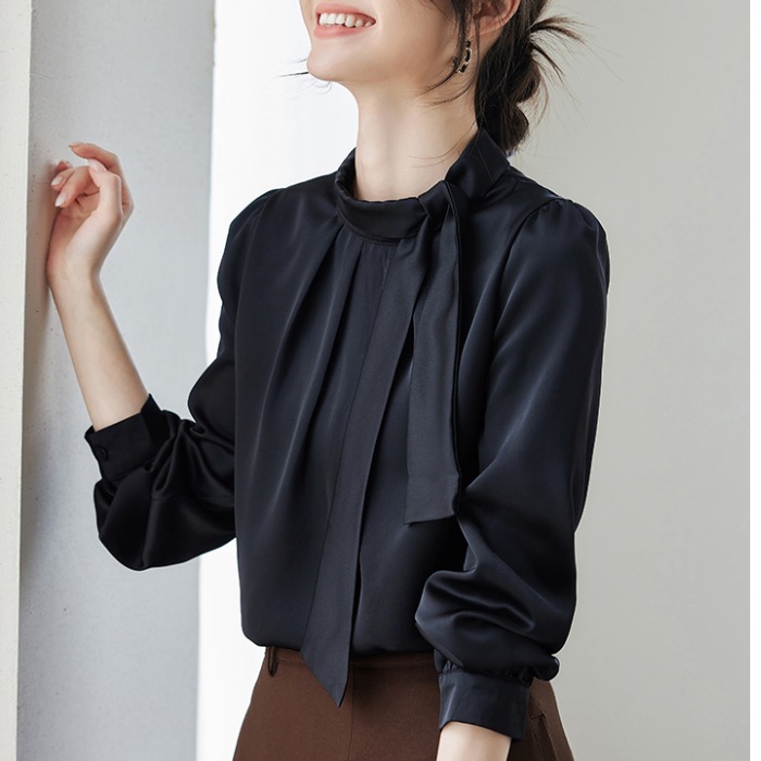 法式高级感立领飘带黑色缎面长袖衬衫女春秋气质衬衣通勤上衣小衫