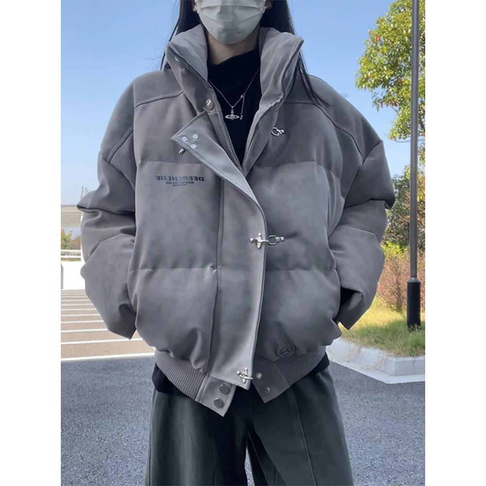 灰色扎染短款pu皮羽绒棉服男冬季飞机扣立领厚外套高街美式面包服