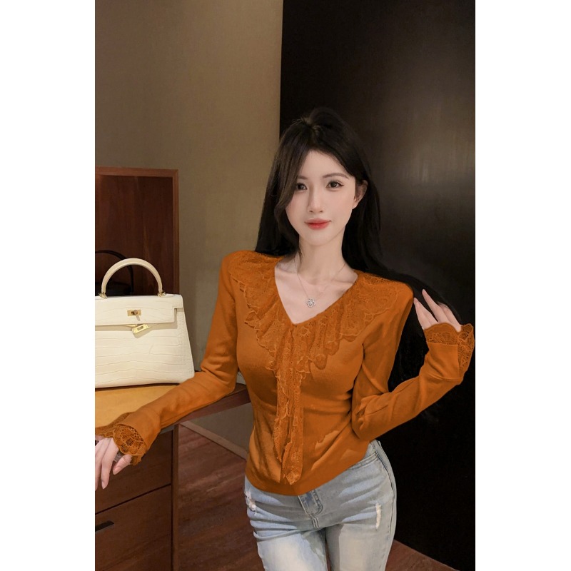 小香风荷叶边针织衫女秋冬纯欲v领上衣蕾丝打底衫内搭巨好看毛衣