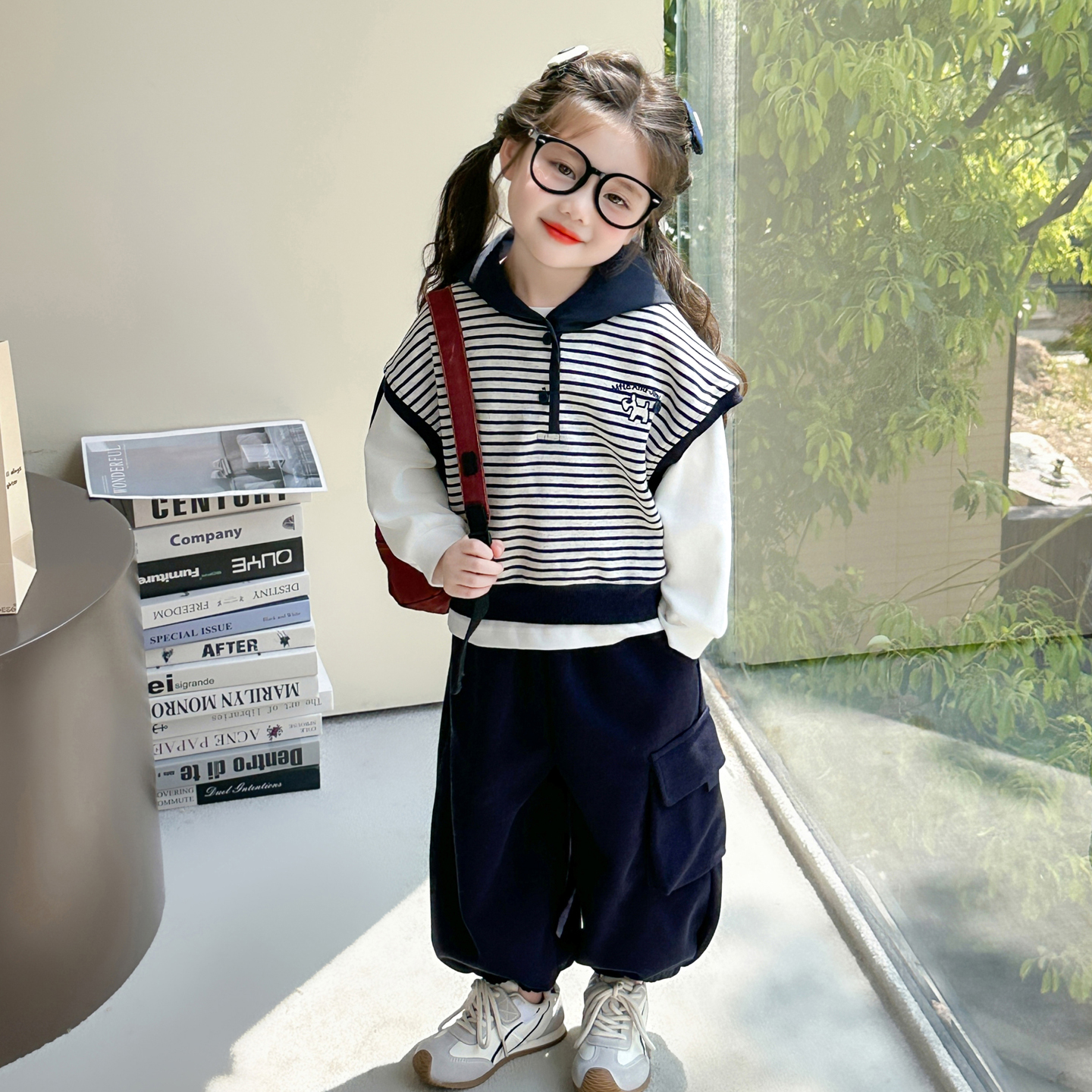 女童春秋条纹连帽卫衣马甲套装儿童洋气时髦打底衫工装裤三件套潮