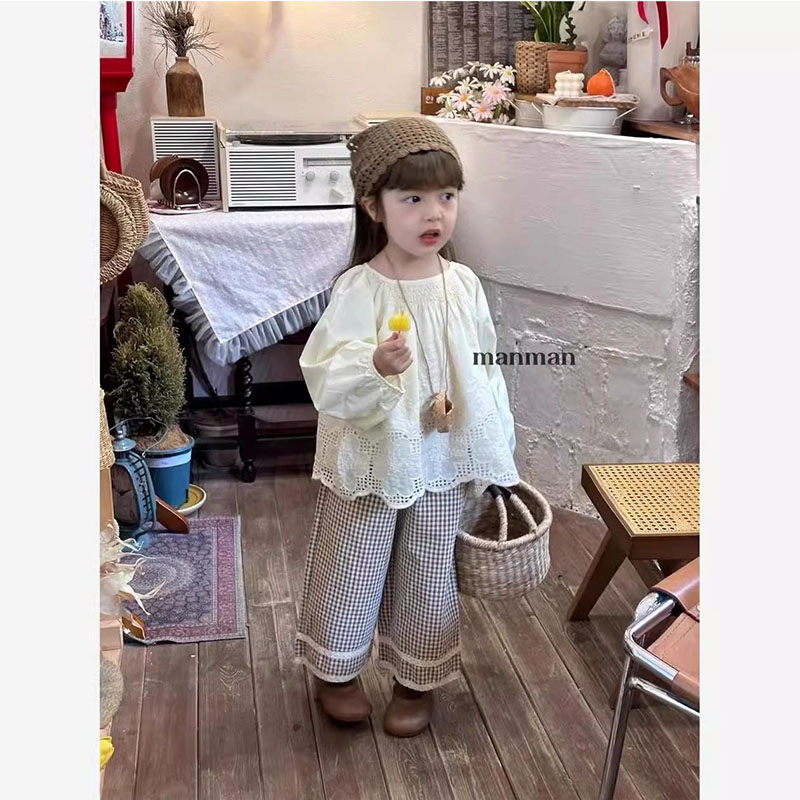 森系童装2025秋季女童洋气百搭蕾丝花边衬衫儿童格子直筒裤两件套