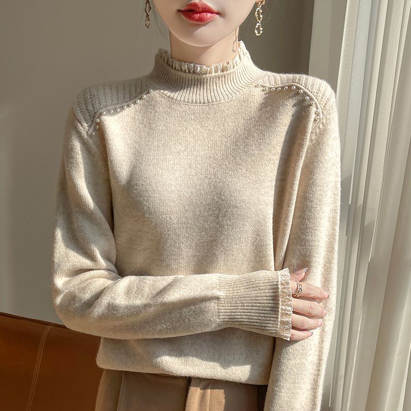秋冬半高领100纯羊毛衫木耳边设计针织打底衫加厚百搭洋气羊毛衣