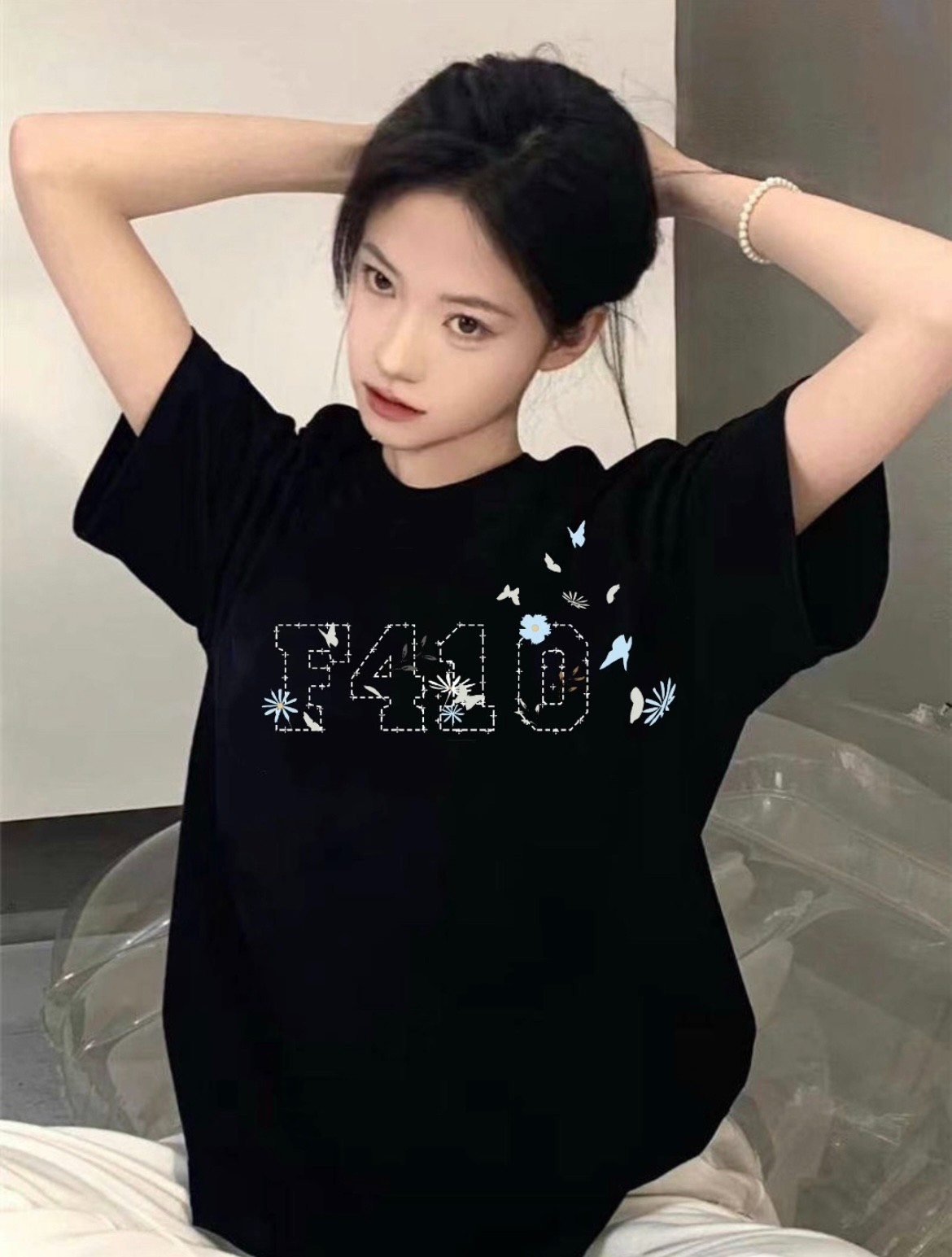 纯棉网红透气童话印花夏时尚慵懒风T恤ins黑色韩版独特设计潮设计