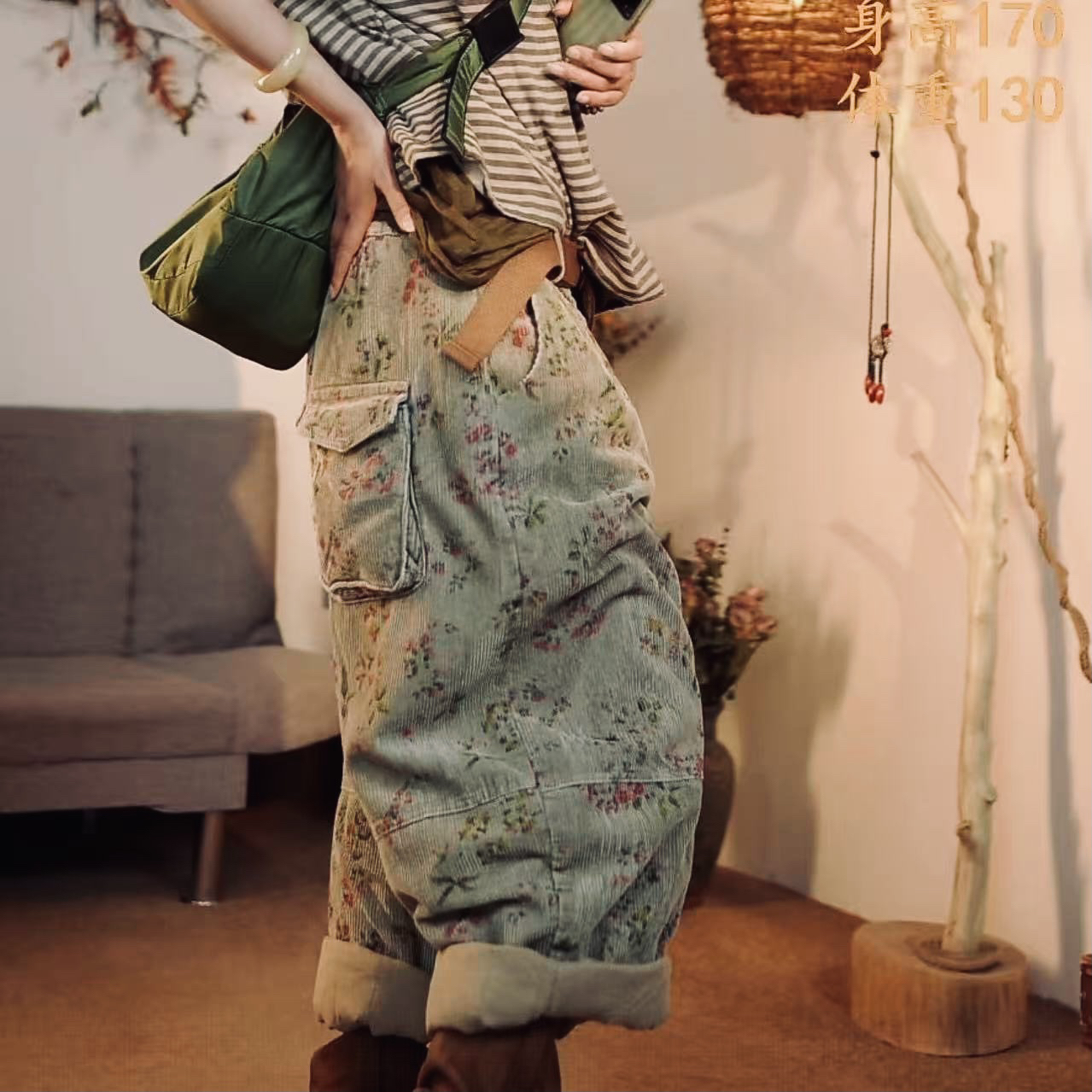 扣子版条绒复古田园慵懒清新小花棉裤 裤长87 臀围148〔送腰带〕