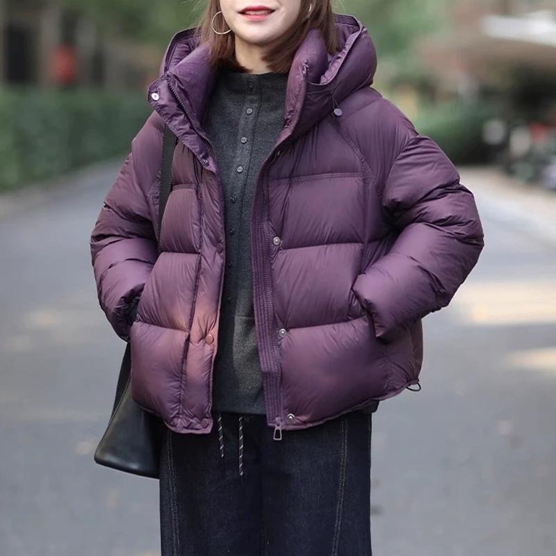 韩系紫色连帽棉服女2025年新款冬季夹棉外套高级感洋气轻薄小棉袄