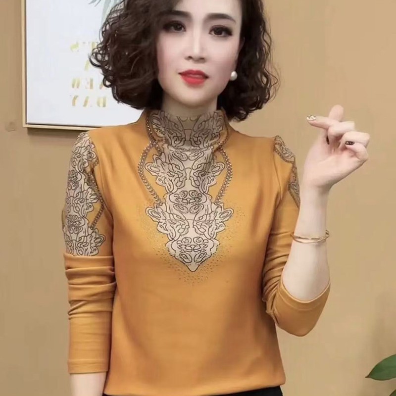 秋冬新款时尚半高领印花打底衫时尚气质百搭修身加绒减龄女士上衣