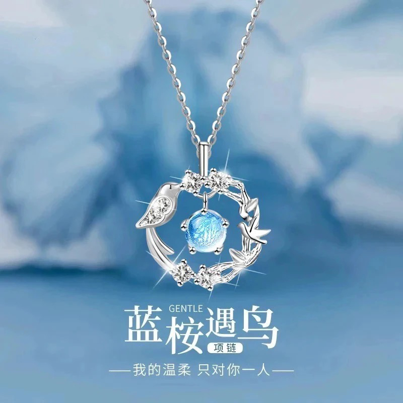 坠链均足银 999银蓝桉遇鸟项链女轻奢锁骨链生日礼物情人节送女友