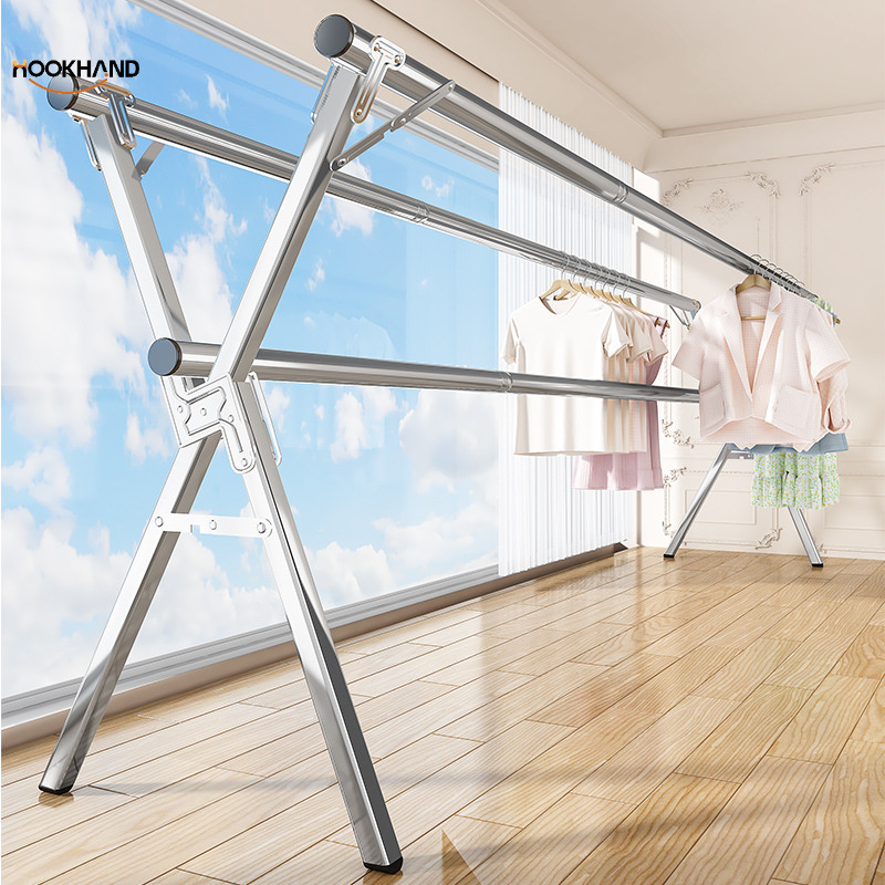 不锈钢晾衣架落地折叠室内外双杆式挂被子架伸缩阳台移动凉晒衣架