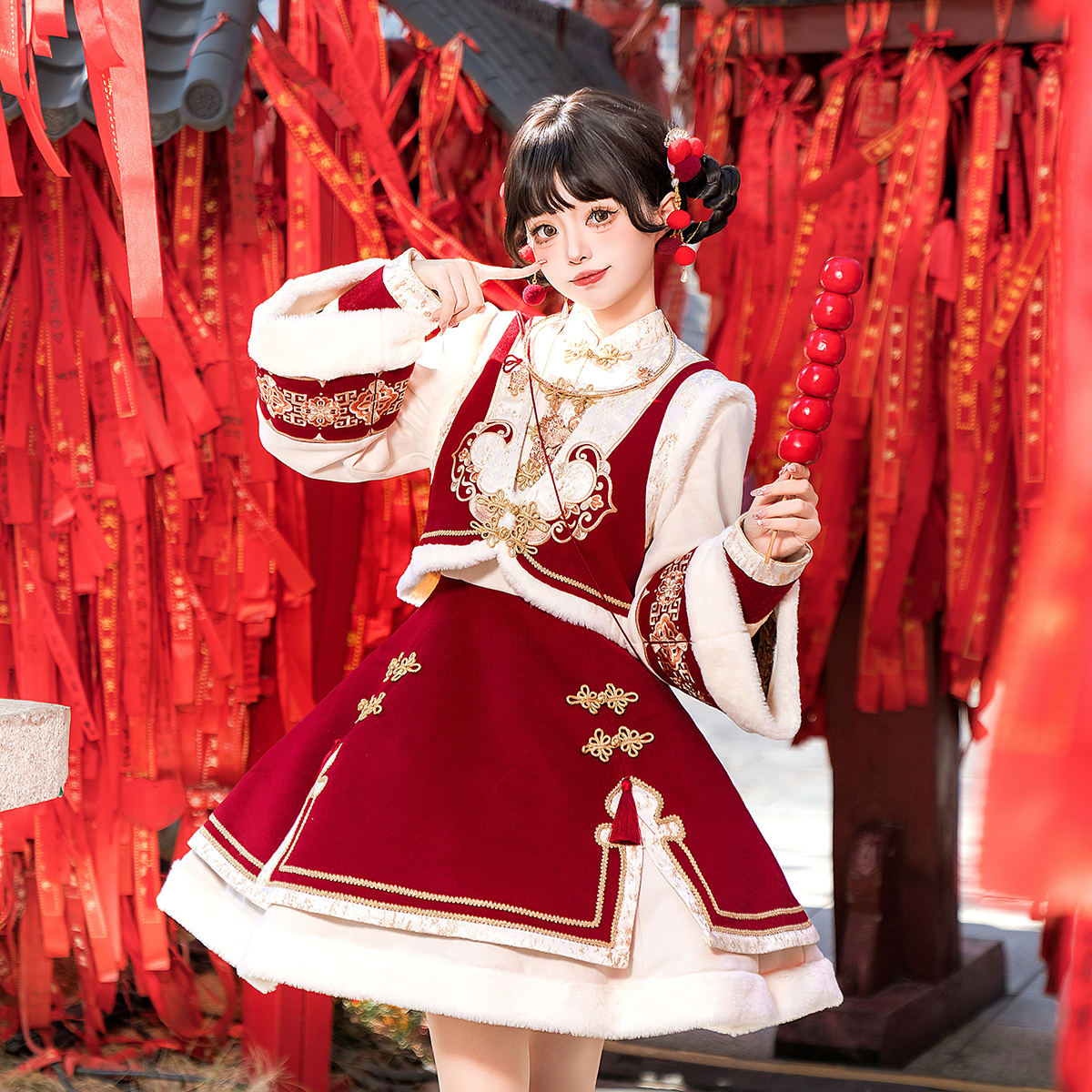 迎新欢喜圣诞Lolita中华风洛丽塔马甲连衣裙套装红色拜年服秋冬款