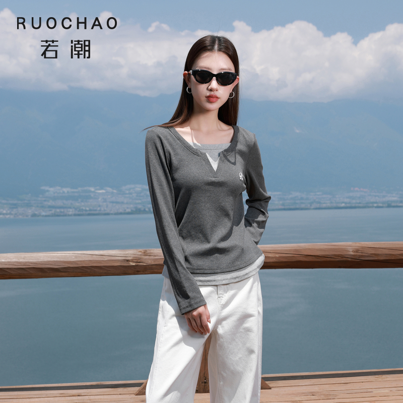 三彩大码女装2025秋季新款假两件V领混棉T恤套头长袖刺绣胖MM