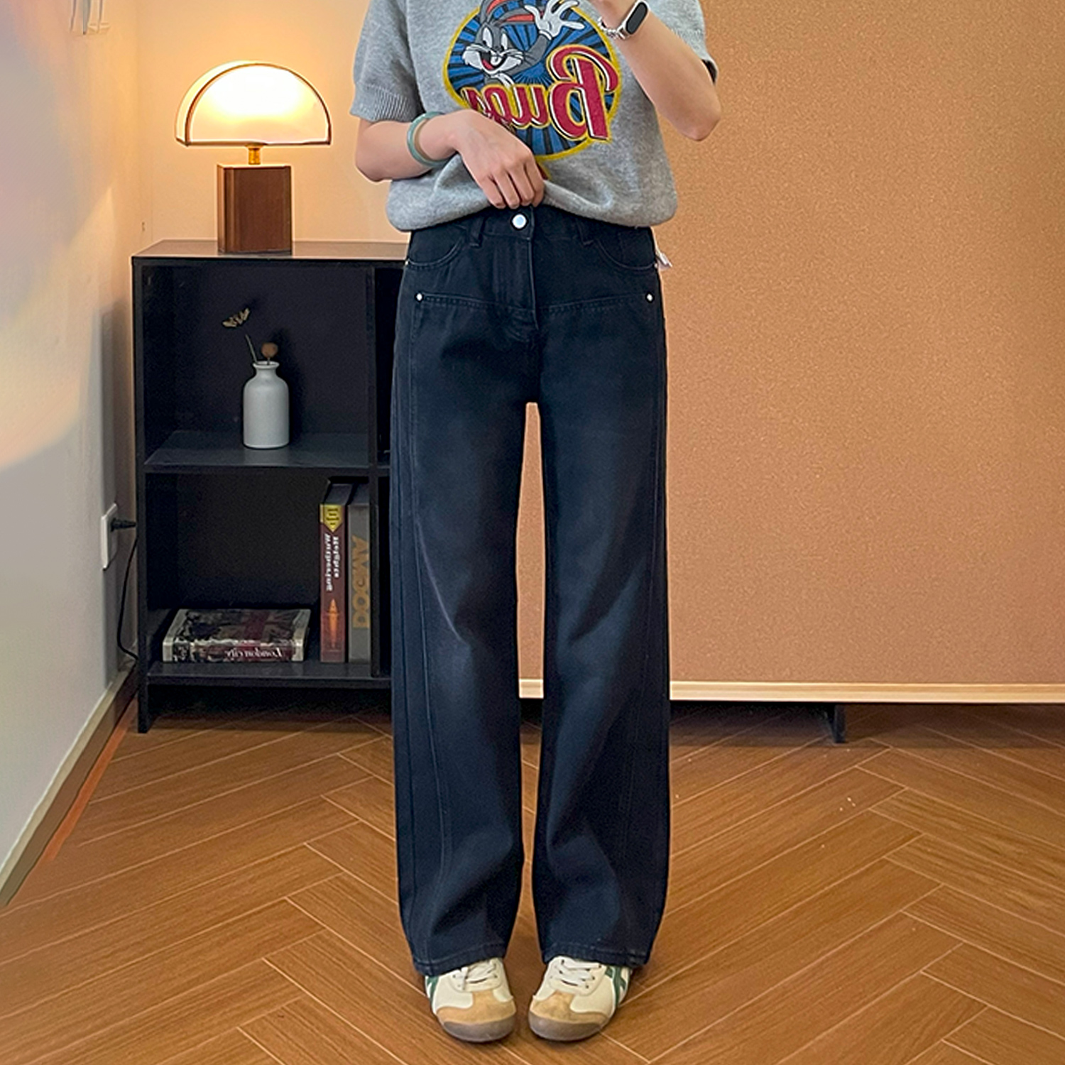 黑色窄版阔腿牛仔裤女2025秋冬季大码微胖mm遮胯显瘦百搭直筒长裤