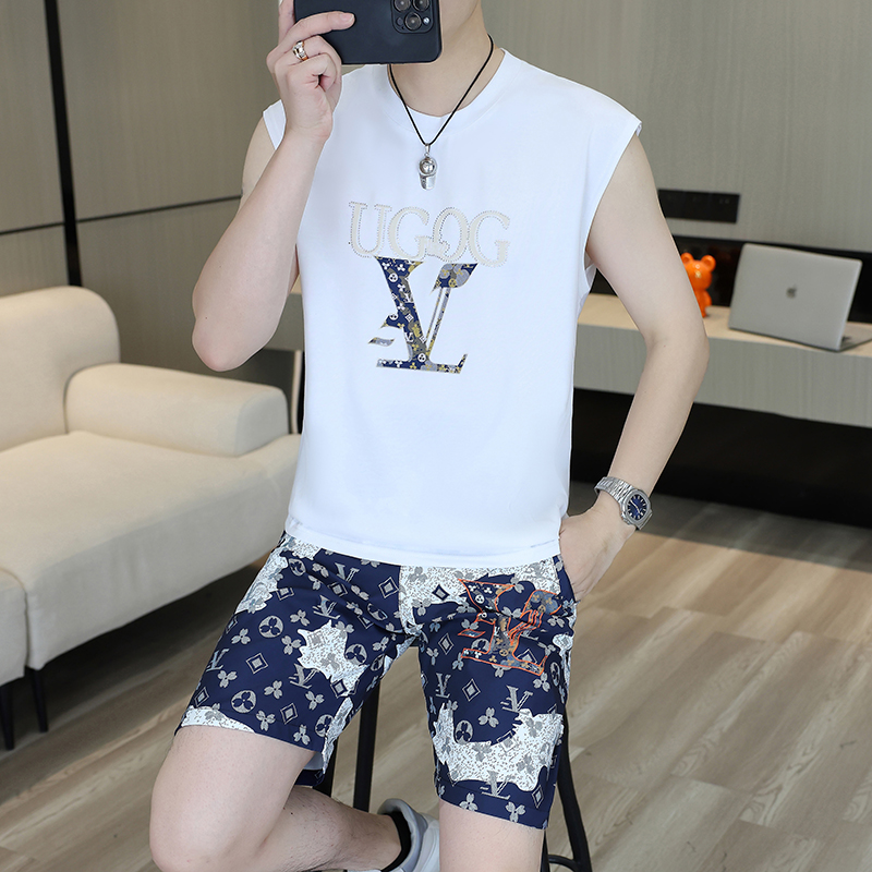 男士夏季时尚套装休闲潮流个性印花帅气薄款修身无袖T恤短裤套装