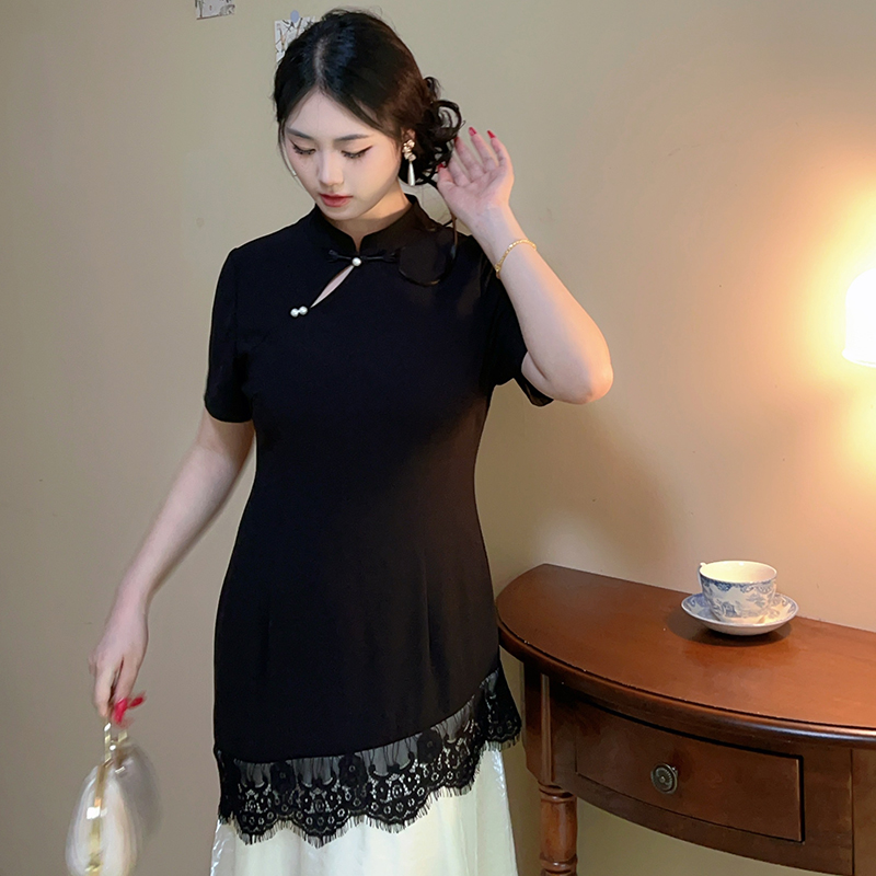 黛烟【自制款】假两件轻薄透气赫本风新中式旗袍大码胖mm连衣裙