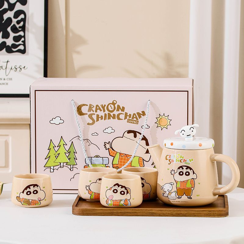 蜡笔小新陶瓷茶具水具套装茶壶茶杯配托盘礼盒装卡通可爱家用礼物