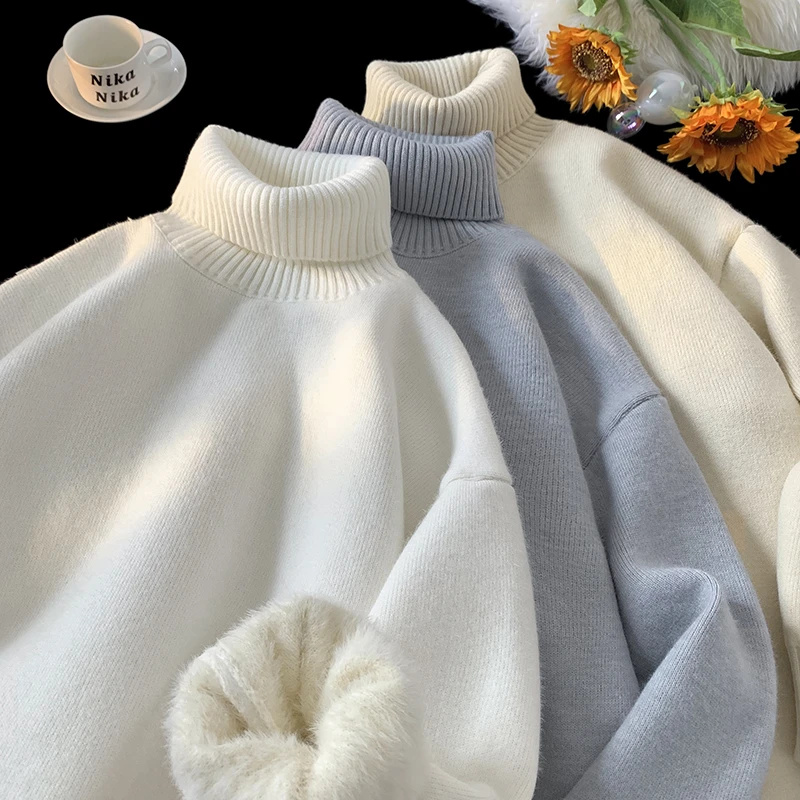 纯色简约男生针织衫毛衣秋冬季2025新款高领休闲宽松加绒卫衣上衣