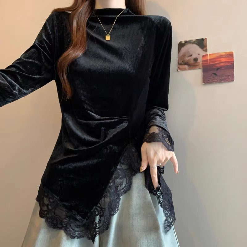 新款大码宽松胖人适用秋冬极简风印花娃娃领套头长袖收腰不规则下