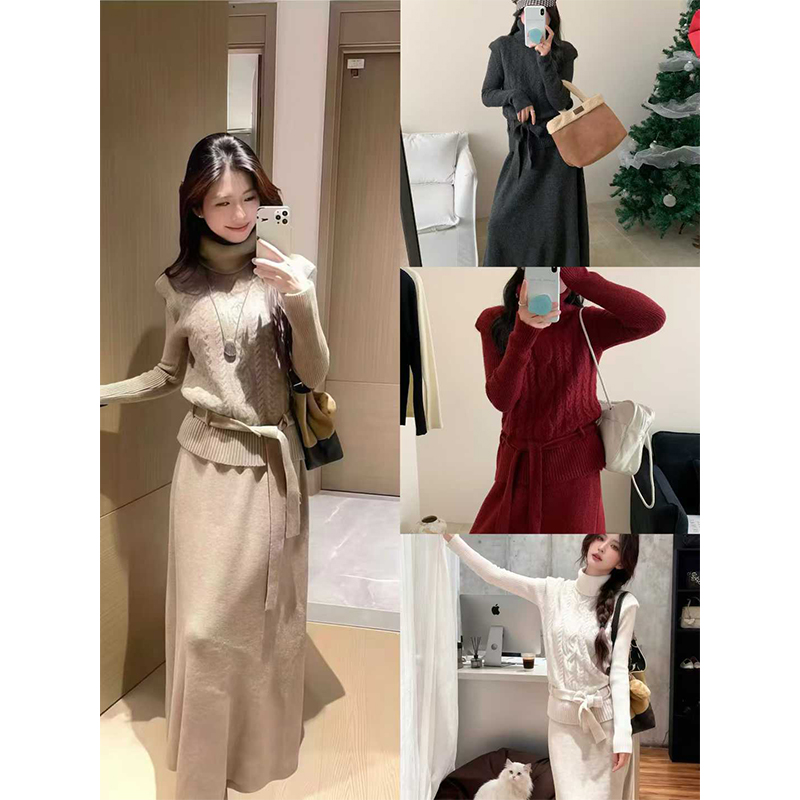 高领针织毛衣连衣裙子女秋冬季2025新款韩系穿搭三件套装包臀长裙