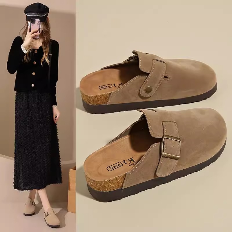 【现货】厚底勃肯鞋女2025春秋季一脚蹬小个子包头半拖鞋软木博肯鞋