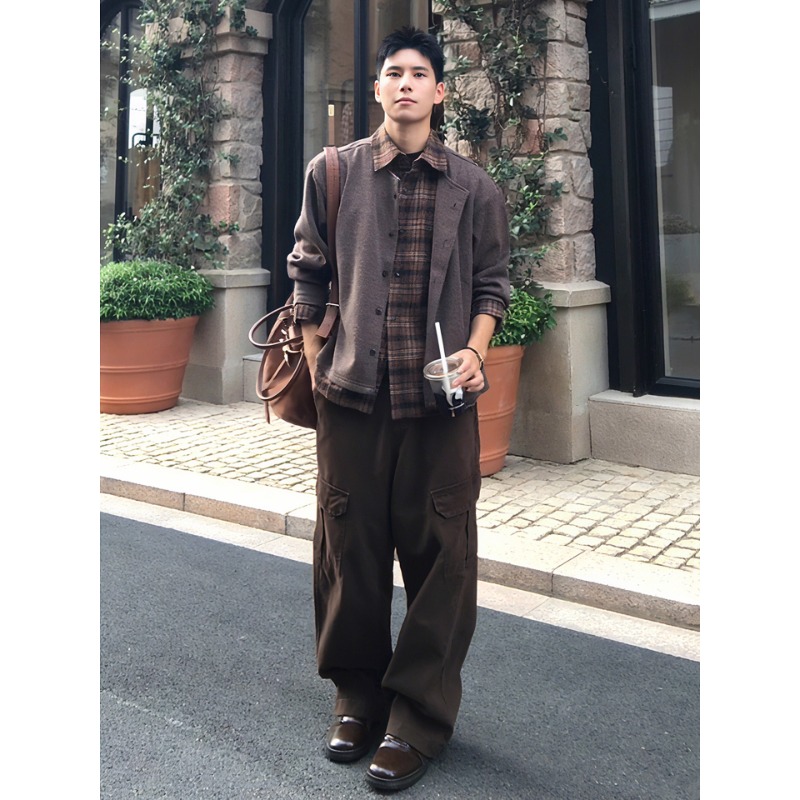 咖色假两件格纹翻领毛衣男款秋季美式复古上衣叠穿宽松针织衫外套