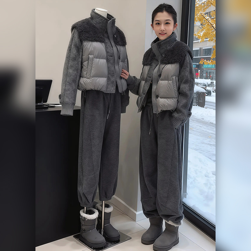 韩系设计感立领毛毛拼接针织袖棉服高腰阔腿裤女2025秋冬新款套装