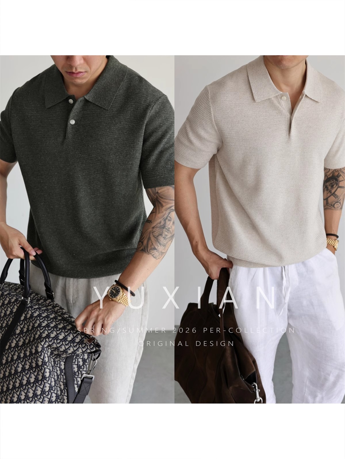 【天丝亚麻】意式老钱透气亚麻翻领针织短袖休闲商务T恤男士春夏