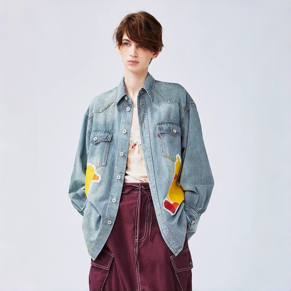 3096趣味鸭印花设计师牛仔衬衫上衣工装口袋廓形衬衣