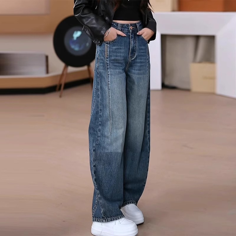 慵懒风胖MM加绒加厚窄版牛仔裤女2025秋冬新款高腰复古宽松阔腿裤
