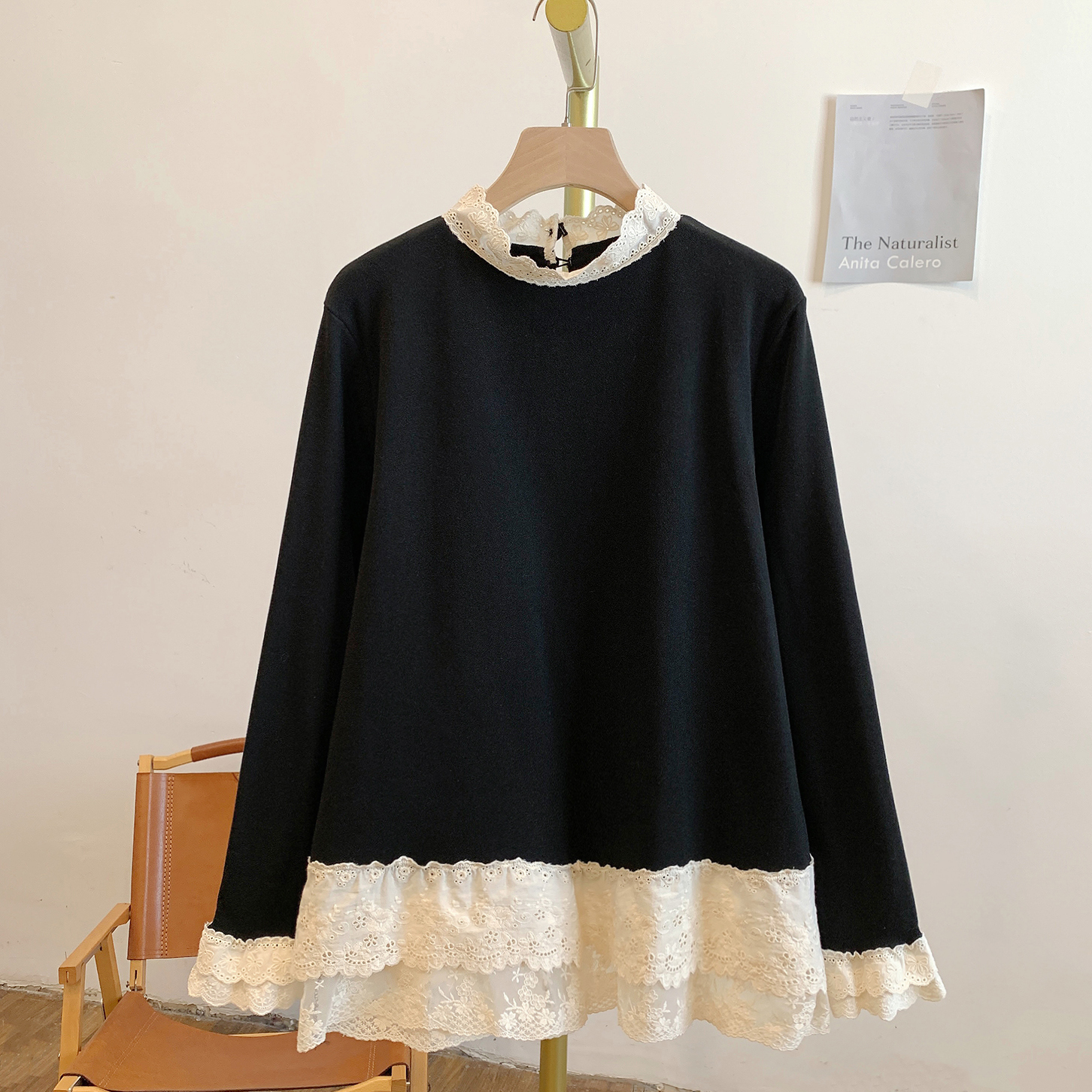 小夜曲C5257磨毛德绒蕾丝边立领长袖打底T恤